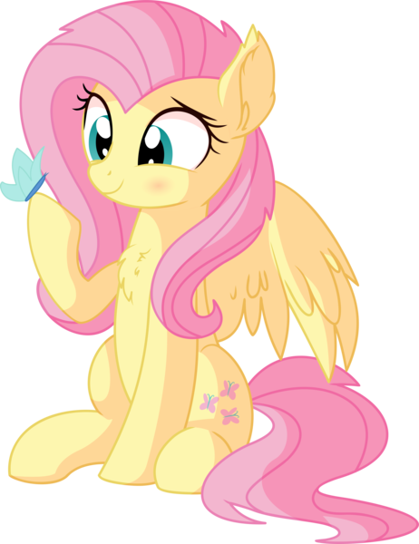 Size: 5646x7327 | Tagged: safe, artist:cyanlightning, derpibooru import, fluttershy, butterfly, pegasus, pony, .svg available, absurd resolution, blushing, chest fluff, cute, ear fluff, female, mare, shyabetes, simple background, sitting, smiling, solo, spread wings, transparent background, vector, wings