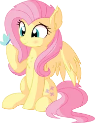 Size: 5646x7327 | Tagged: safe, artist:cyanlightning, derpibooru import, fluttershy, butterfly, pegasus, pony, .svg available, absurd resolution, blushing, chest fluff, cute, ear fluff, female, mare, shyabetes, simple background, sitting, smiling, solo, spread wings, transparent background, vector, wings