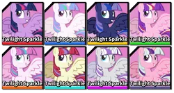 Size: 1570x841 | Tagged: safe, artist:lightning stripe, derpibooru import, moondancer, princess cadance, princess celestia, princess flurry heart, princess luna, twilight sparkle, twilight sparkle (alicorn), twilight velvet, alicorn, pony, fighting is magic, alicornified, alternate costumes, female, flying, g1, g1 to g4, generation leap, grin, horn, mare, moondancercorn, palette swap, pink background, race swap, recolor, show accurate, simple background, smiling, spread wings, super smash bros., super smash bros. ultimate, text, wings