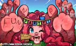 Size: 2000x1200 | Tagged: suggestive, artist:zapor666, derpibooru import, pinkie pie, anthro, banner, body writing, confetti, cute, drool, drool string, endosoma, esophagus, feet, fetish, foot fetish, gullet, imminent vore, macro, mawshot, one eye closed, open mouth, oral invitation, patreon, patreon logo, pinkie pred, saliva puddle, salivating, sign, slimy, soles, taste buds, tongue out, uvula, vore, wink