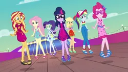 Size: 1920x1080 | Tagged: safe, derpibooru import, screencap, applejack, fluttershy, pinkie pie, rainbow dash, rarity, sci-twi, sunset shimmer, twilight sparkle, equestria girls, equestria girls series, i'm on a yacht, spoiler:eqg series (season 2), alternate hairstyle, clothes, dress, female, geode of empathy, geode of fauna, geode of shielding, geode of sugar bombs, glasses, humane five, humane seven, humane six, legs, magical geodes, ponytail, sandals, shorts, skirt, sleeveless, tanktop