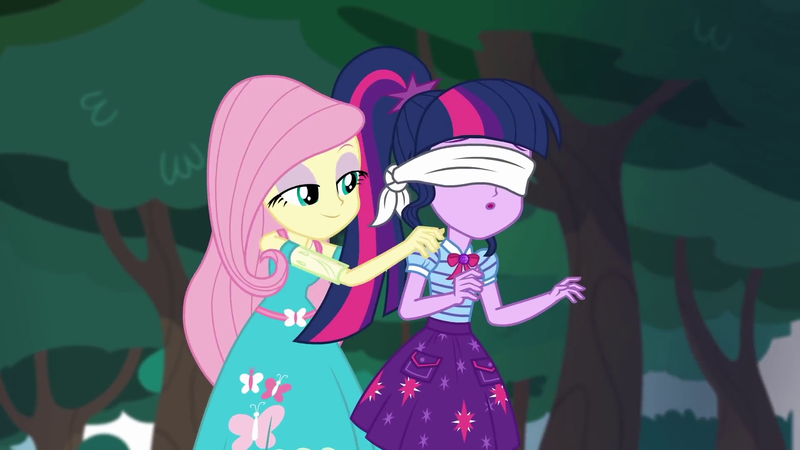 Size: 1920x1080 | Tagged: safe, derpibooru import, screencap, fluttershy, sci-twi, twilight sparkle, equestria girls, equestria girls series, stressed in show, stressed in show: fluttershy, spoiler:eqg series (season 2), blindfold, forest, geode of telekinesis, magical geodes
