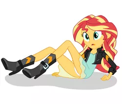 Size: 2645x2267 | Tagged: suggestive, artist:daarkenn, derpibooru import, edit, sunset shimmer, equestria girls, ass, boots, bunset shimmer, butt, clothes, dress, female, high heel boots, jacket, leather, leather jacket, legs, panchira, panties, panty shot, shoes, simple background, skirt, solo, solo female, thighs, underwear, underwear edit, upskirt, white background, white underwear
