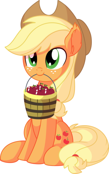 Size: 4917x7795 | Tagged: safe, artist:cyanlightning, derpibooru import, applejack, earth pony, pony, .svg available, absurd resolution, apple, bucket, cute, ear fluff, female, food, hat, jackabetes, mare, mouth hold, simple background, sitting, smiling, solo, transparent background, vector