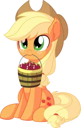 Size: 4917x7795 | Tagged: safe, artist:cyanlightning, derpibooru import, applejack, earth pony, pony, .svg available, absurd resolution, apple, bucket, cute, ear fluff, female, food, hat, jackabetes, mare, mouth hold, simple background, sitting, smiling, solo, transparent background, vector
