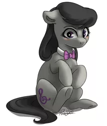 Size: 2905x3415 | Tagged: safe, alternate version, artist:pucksterv, derpibooru import, octavia melody, earth pony, pony, blushing, bowtie, cute, ear fluff, female, floppy ears, mare, signature, simple background, sitting, solo, tavibetes, white background