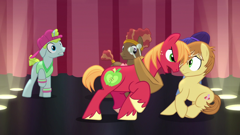 Size: 1280x720 | Tagged: safe, derpibooru import, screencap, big macintosh, feather bangs, glamor trot, smooth vibes, stereo mix, earth pony, pony, hard to say anything, afro, angry, backup dancers, backwards ballcap, baseball cap, battle for sugar belle, cap, clothes, confrontation, cutie mark, dancing, death stare, hat, hooves, interrupted, lighting, lightning, male, rivalry, shirt, song, stage, stallion, stare down