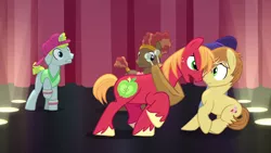 Size: 1280x720 | Tagged: safe, derpibooru import, screencap, big macintosh, feather bangs, glamor trot, smooth vibes, stereo mix, earth pony, pony, hard to say anything, afro, angry, backup dancers, backwards ballcap, baseball cap, battle for sugar belle, cap, clothes, confrontation, cutie mark, dancing, death stare, hat, hooves, interrupted, lighting, lightning, male, rivalry, shirt, song, stage, stallion, stare down