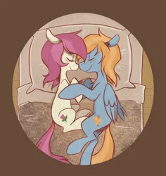 Size: 860x911 | Tagged: safe, artist:goatsocks, derpibooru import, roseluck, oc, oc:eventide, pony, bed, boop, noseboop, shipping