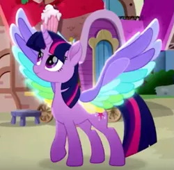 Size: 617x604 | Tagged: safe, derpibooru import, screencap, twilight sparkle, twilight sparkle (alicorn), alicorn, pony, rainbow roadtrip, colored wings, female, mare, movie accurate, multicolored wings, rainbow wings, solo, spread wings, wing bling, wings