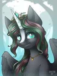 Size: 3000x4000 | Tagged: safe, artist:sparklyon3, derpibooru import, oc, alicorn, pony, bust, commission, emerald, female, jewelry, necklace, portrait, rcf community, solo, tiara