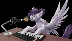 Size: 3840x2160 | Tagged: safe, artist:chibadeer, derpibooru import, oc, oc:vylet, unofficial characters only, pegasus, pony, black background, desk, glasses, hooves, keyboard, microphone, microphone stand, playing instrument, pose, recording studio, simple background, singing, sitting, solo, spread wings, wings