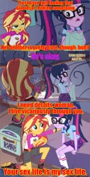 Size: 640x1256 | Tagged: safe, derpibooru import, edit, edited screencap, screencap, sci-twi, sunset shimmer, twilight sparkle, equestria girls, legend of everfree, comic, implied shipping, implied straight, implied timbertwi, screencap comic, sword art online abridged, text