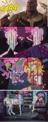 Size: 644x1644 | Tagged: safe, derpibooru import, edit, edited screencap, screencap, applejack, fluttershy, pinkie pie, rainbow dash, rarity, spike, spike the regular dog, sunset shimmer, dog, equestria girls, legend of everfree, avengers: infinity war, comic, deresolution, disintegration, i don't feel so good, implied death, thanos