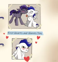 Size: 1700x1800 | Tagged: safe, artist:rutkotka, derpibooru import, oc, bat pony, pegasus, pony, angry, colt, commission, couple, cute, female, filly, funny, heart, hearts and hooves day, holiday, kiss on the cheek, kissing, male, mare, stallion, tongue out, tsundere, valentine's day, ych result