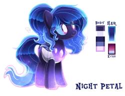 Size: 1265x976 | Tagged: artist:sugaryicecreammlp, changepony, derpibooru import, ethereal mane, female, hybrid, interspecies offspring, oc, oc:night petal, offspring, parent:oc:lullaby, parents:canon x oc, parent:thorax, reference sheet, safe, simple background, solo, transparent background