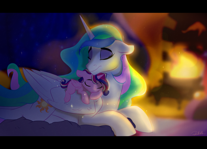 Size: 1610x1160 | Tagged: safe, artist:rutkotka, derpibooru import, princess cadance, princess celestia, alicorn, pony, :t, cheek squish, cuddling, cute, cutedance, cutelestia, dawwww, ear fluff, eyes closed, eyeshadow, female, filly, fireplace, floppy ears, folded wings, makeup, mare, missing accessory, momlestia, night, nuzzling, on top, pony pile, prone, sleeping, smiling, sparkles, squishy cheeks, wing fluff, wings