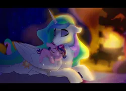 Size: 1610x1160 | Tagged: safe, artist:rutkotka, derpibooru import, princess cadance, princess celestia, alicorn, pony, :t, cheek squish, cuddling, cute, cutedance, cutelestia, dawwww, ear fluff, eyes closed, eyeshadow, female, filly, fireplace, floppy ears, folded wings, makeup, mare, missing accessory, momlestia, night, nuzzling, on top, pony pile, prone, sleeping, smiling, sparkles, squishy cheeks, wing fluff, wings