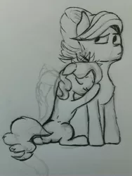 Size: 3096x4128 | Tagged: safe, artist:shehaveboththings, derpibooru import, diamond tiara, spoiled rich, pony, daughter, female, hug, monochrome, mother and child, mother and daughter