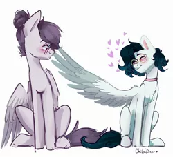 Size: 2454x2238 | Tagged: safe, artist:chibadeer, derpibooru import, oc, oc:cadie, oc:namii, oc:vylet, unofficial characters only, pegasus, pony, blushing, boop, couple, glasses, heart, looking at each other, love, neckband, simple background, sitting, size difference, white background, wing boop