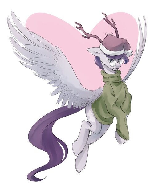 Size: 2500x3000 | Tagged: safe, artist:chibadeer, derpibooru import, oc, oc:vylet, unofficial characters only, pegasus, pony, antlers, christmas, clothes, flying, glasses, hat, heart, holiday, pose, reindeer antlers, santa hat, simple background, solo, spread wings, sweater, wings