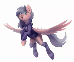 Size: 2744x2310 | Tagged: safe, artist:chibadeer, derpibooru import, oc, oc:gearsy septima, unofficial characters only, pony, clothes, flying, happy, hoodie, pose, simple background, socks, solo, white background