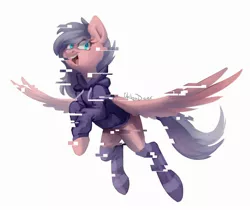 Size: 2744x2310 | Tagged: safe, artist:chibadeer, derpibooru import, oc, oc:gearsy septima, unofficial characters only, pony, clothes, error, flying, glitch, glitch art, hoodie, simple background, socks, solo, white background