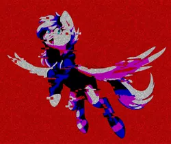 Size: 2744x2310 | Tagged: safe, artist:chibadeer, derpibooru import, oc, oc:gearsy septima, unofficial characters only, pony, clothes, deep fried, error, flying, glitch, glitch art, hoodie, red background, simple background, socks, solo