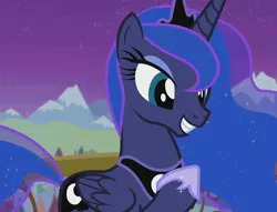 Size: 944x720 | Tagged: safe, derpibooru import, screencap, princess luna, alicorn, pony, twilight's kingdom, balcony, beautiful, cropped, crystal empire, cute, female, happy, hoof shoes, lunabetes, mare, night, peytral, raised hoof, smiling, solo, you'll play your part