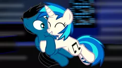 Size: 3840x2160 | Tagged: safe, artist:agkandphotomaker2000, derpibooru import, vinyl scratch, oc, oc:pony video maker, pony, canon x oc, female, love, male, movement, shipping, still frame, straight, tackle hug, videoscratch