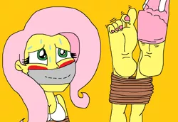 Size: 1180x814 | Tagged: suggestive, artist:logan jones, derpibooru import, fluttershy, equestria girls, barefoot, blushing, bondage, clothes, duct tape, feet, fetish, foot fetish, gag, happy bondage, implied logan berry, nail polish, rope, rope bondage, smiling, socks, soles, sweat, tape, tape gag, this will end in tickles, toes, wiggling toes