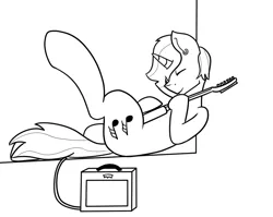 Size: 1112x883 | Tagged: safe, artist:sketchlines, derpibooru import, oc, unofficial characters only, pony, unicorn, ear piercing, earring, guitar, guitar amp, jewelry, lineart, lying down, musical instrument, piercing