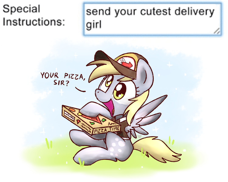 Size: 2560x2048 | Tagged: safe, artist:sugar morning, derpibooru import, derpy hooves, pegasus, pony, clothes, cute, daaaaaaaaaaaw, delivery, derpabetes, dialogue, female, food, grass, happy, hat, hnnng, holding, hoof hold, mare, meme, open mouth, pizza, pizza box, pizza time, shirt, simple background, sitting, smiling, solo, spread wings, weapons-grade cute, white background, wings