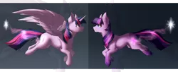 Size: 1600x652 | Tagged: safe, artist:ochideyiku, derpibooru import, twilight sparkle, twilight sparkle (alicorn), alicorn, earth pony, pony, leak, spoiler:g5, butt fluff, cheek fluff, chest fluff, duality, ear fluff, earth pony twilight, g4 to g5, g5, leg fluff, profile, twilight sparkle (g5), wing fluff, zoom layer