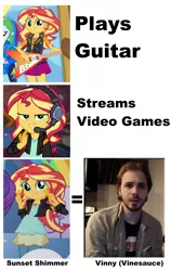 Size: 1993x3163 | Tagged: safe, derpibooru import, edit, edited screencap, editor:grapefruitface, screencap, sunset shimmer, equestria girls, equestria girls series, spoiler:eqg series (season 2), caption, coincidence?!... probably, comparison, gamer sunset, image macro, meme, mouthpiece, text, vinesauce, vinny (vinesauce), wat