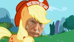 Size: 1280x720 | Tagged: safe, derpibooru import, edit, edited screencap, screencap, applejack, pony, donald trump, donaldjack, downvote bait, make america great again, photoshop, politics, shitposting, trump, why