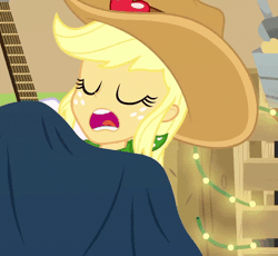Size: 800x736 | Tagged: safe, derpibooru import, screencap, applejack, equestria girls, equestria girls series, five to nine, animated, blanket, cowboy hat, cropped, cute, eyes closed, gif, guitar, hat, jackabetes, musical instrument, open mouth, sleeping, snuggling, solo