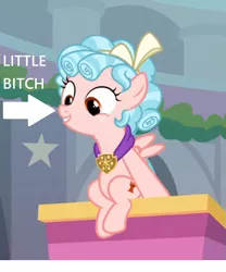 Size: 517x622 | Tagged: safe, derpibooru import, edit, edited screencap, screencap, cozy glow, pegasus, pony, school raze, bitch, caption arrow, cozybuse, female, filly, vulgar