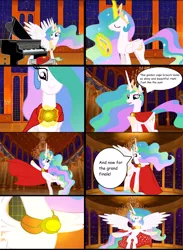 Size: 2864x3904 | Tagged: safe, artist:disneymarvel96, derpibooru import, princess celestia, pony, ballroom, beauty and the beast, brooch, cape, clasp, clothes, comic, disney, flying, glow, musical instrument, piano, silly, silly pony, sparkly