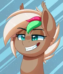 Size: 729x857 | Tagged: safe, artist:thegamblehorse, deleted from derpibooru, derpibooru import, oc, oc:data breach, unofficial characters only, bat pony, pony, bat pony oc, bat wings, bust, female, grin, mare, simple background, smiling, smug, solo, wings