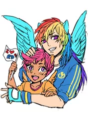 Size: 724x1024 | Tagged: artist:unf720gou, clothes, derpibooru import, eared humanization, female, flag, hug, human, humanized, open mouth, rainbow dash, safe, scootaloo, scootalove, shirt, simple background, smiling, white background, winged humanization, wings, wristband