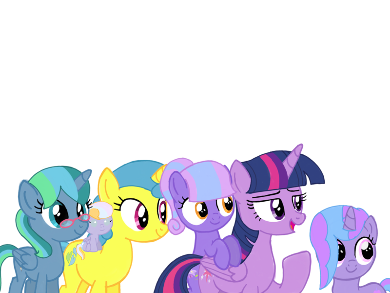 Size: 1024x768 | Tagged: safe, artist:turnaboutart, derpibooru import, lemon hearts, twilight sparkle, twilight sparkle (alicorn), oc, oc:lilac glow, oc:lunar gleam, oc:silver breeze, oc:starry twinkle, alicorn, earth pony, pegasus, pony, unicorn, alicorn oc, baby, baby pony, base used, family, female, glasses, horn, lemonlight, lesbian, magical lesbian spawn, male, mother and child, mother and daughter, mother and son, offspring, parent:lemon hearts, parent:twilight sparkle, parents:lemonlight, shipping, wings