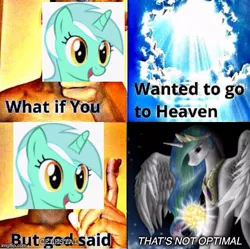 Size: 503x500 | Tagged: safe, derpibooru import, lyra heartstrings, princess celestia, oc, oc:celestai, alicorn, pony, fanfic:friendship is optimal, but god said, heaven, meme