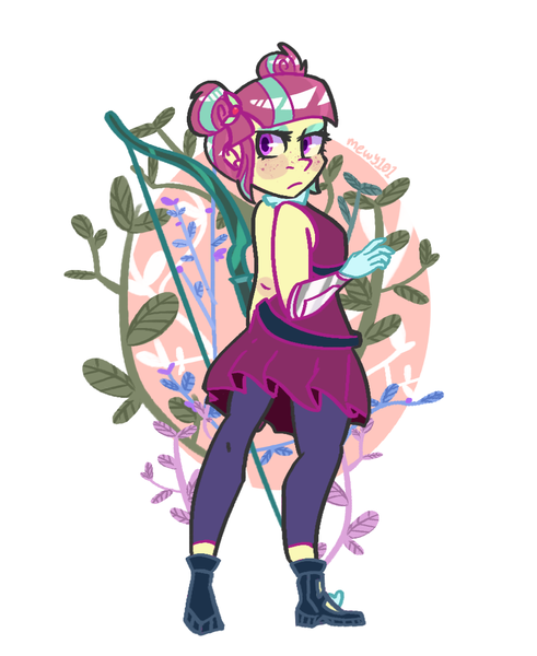 Size: 900x1100 | Tagged: safe, artist:mewy101, derpibooru import, sour sweet, equestria girls, friendship games, bare shoulders, bow (weapon), clothes, cute, dress, female, leggings, looking back, solo, sourbetes