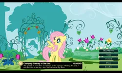 Size: 1280x768 | Tagged: safe, derpibooru import, fluttershy, pegasus, pony, civilization, civilization v, dissonant caption, female, flower, garden, grimcute, happy, looking back, mare, nuclear gandhi, open mouth, smiling, spread wings, text, this will end in death, this will end in tears, this will end in tears and/or death, wings