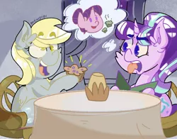 Size: 1280x1006 | Tagged: safe, artist:mewy101, derpibooru import, derpy hooves, starlight glimmer, sugar belle, pegasus, pony, unicorn, cheek fluff, colored pupils, duo, ear fluff, female, food, mare, muffin, open mouth, s5 starlight, sitting, that pony sure does love muffins, thought bubble, tongue out