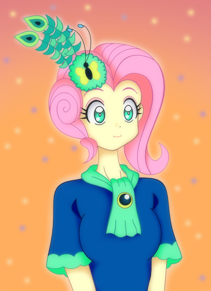 Size: 1000x1378 | Tagged: safe, artist:grandzebulon, derpibooru import, fluttershy, equestria girls, make new friends but keep discord, :i, anime, clothes, dress, equestria girls interpretation, female, gala dress, scene interpretation, shirt, solo, we bought two cakes