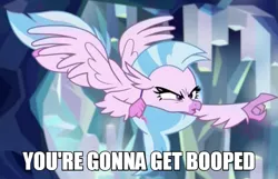 Size: 600x386 | Tagged: angry, beak, caption, classical hippogriff, derpibooru import, edit, edited screencap, eyelashes, female, flying, hippogriff, imminent boop, impact font, incoming boop, narrowed eyes, pointing, safe, school of friendship, screencap, silverstream, solo, spread wings, threat, what lies beneath, wings