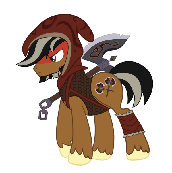 Size: 3000x3006 | Tagged: safe, artist:cxfantasy, derpibooru import, oc, oc:wild axe, unofficial characters only, earth pony, pony, axe, barbarian, battle axe, hood, male, simple background, solo, stallion, transparent background, weapon