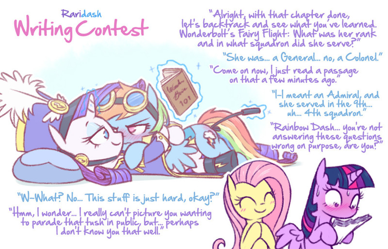 Size: 1048x673 | Tagged: suggestive, artist:raridashdoodles, derpibooru import, fluttershy, rainbow dash, rarity, twilight sparkle, twilight sparkle (alicorn), alicorn, pony, ancient wonderbolts uniform, blushing, book, clothes, female, hat, imminent spanking, implied spanking, lesbian, outfit, paper, raridash, raridash writing contest, riding crop, sgt. rarity, shipping, shocked, spanking, uniform, whip